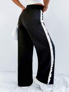 Women's Spring Casual Black Elastic Waist Ruffle Drawstring Loose Wide Leg Pants, Stylish Street Style - Black - View 2