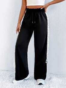 Women's Spring Casual Black Elastic Waist Ruffle Drawstring Loose Wide Leg Pants, Stylish Street Style - Black - View 6