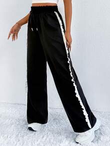 Women's Spring Casual Black Elastic Waist Ruffle Drawstring Loose Wide Leg Pants, Stylish Street Style - Black - View 1