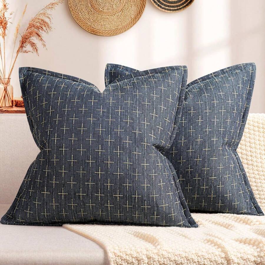 1pc Simple Farmhouse Style Linen Jacquard Throw Pillow Cover - Navy Blue - View 1