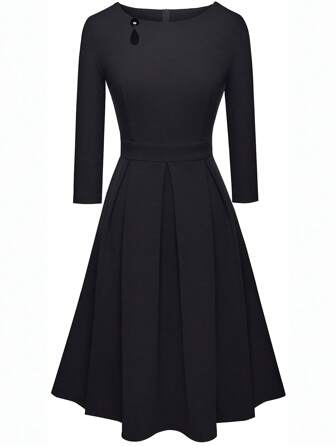 Women's Classic Vintage Round Neck Key Hole Pleated A-Line Dress