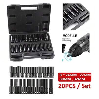 20PCS Deep Impact Socket Set 1/2 Inch Drive Metric 8 - 32mm Heavy Duty 6 Point Impact Socket