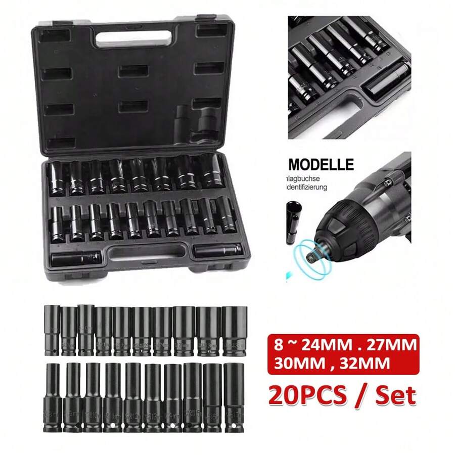 20PCS Deep Impact Socket Set 1/2 Inch Drive Metric 8 - 32mm Heavy Duty 6 Point Impact Socket - 黑色 - 查看 1