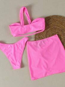 New Arrival Spring/Summer European And American Casual Sexy Pink One-Shoulder 3-Piece Women Bikini Swimsuit, Beach Holiday Party Date - Pink - View 5