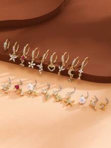 1-8 件银心与花多元素铜锆石鼻环，18K 镀金鼻钉，适合女性日常佩戴和夏季礼物 - 銀色 - 查看 3