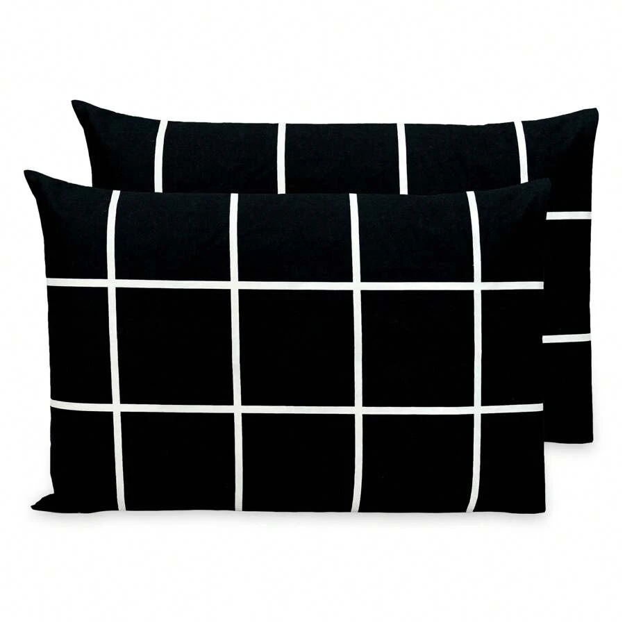 Kit 2 Printed Pillowcases With Zipper For Percal Flex Satin Touch Pillow - Black Grid - View 1