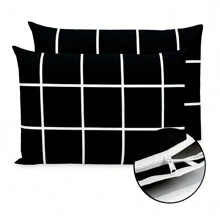 Kit 2 Printed Pillowcases With Zipper For Percal Flex Satin Touch Pillow - Black Grid - View 3