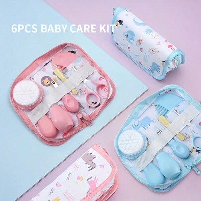6pcs/Set Care Kit With Bag - Portable Travel Set With Bath Brush, Nail Clipper, Nail File, Scissors, Nasal Aspirator - Ideal Gift For New Parents, Kids Grooming Kit
