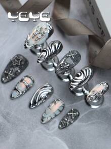 Bộ 10 móng giả hình hạnh nhân hiện đại màu đen lấp lấp lánh, in 3D, mạ crôm bạc, giúp móng tay luôn đẹp. Bộ móng giả acrylic kiểu Bohemian nàng tiên cá, bướm trắng, sao, phong cách Bắc Âu, phù hợp cho phụ nữ và bé gái, kiểu làm móng thủ công cổ điển, kèm 1 dũa móng mini và 1 miếng dán móng, dụng cụ làm móng giả. - Nhiều màu - Xem 4