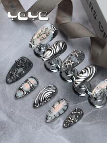 Bộ 10 móng giả hình hạnh nhân hiện đại màu đen lấp lấp lánh, in 3D, mạ crôm bạc, giúp móng tay luôn đẹp. Bộ móng giả acrylic kiểu Bohemian nàng tiên cá, bướm trắng, sao, phong cách Bắc Âu, phù hợp cho phụ nữ và bé gái, kiểu làm móng thủ công cổ điển, kèm 1 dũa móng mini và 1 miếng dán móng, dụng cụ làm móng giả. - Nhiều màu - Xem 3