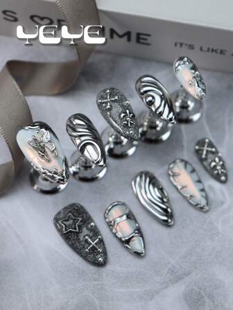 Maintain Your Nails Always Beautiful With 10Pcs Almond Shape Modernist Black Glitter 3D Printing Silver Chrome Vanity Full Cover Fake Nail Set Boho Mermaid White Butterfly Star Nordic Full Cover Acrylic False Nail Kit For Women And Girls Classic Hand Made Nails With 1Pc Mini Nail File & 1 Sheet Adhesive Tabs Press On Nails Nail Supplies Nails