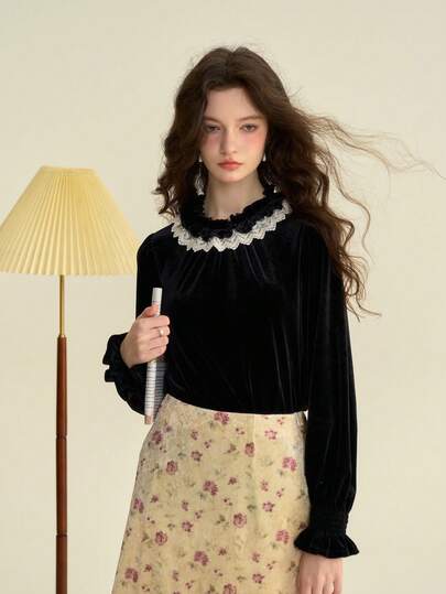 Simple Retro Women's Spring Thin Long Sleeve Stand Collar Black Velvet Elegant Retro Elegant Slim Casual Shirt