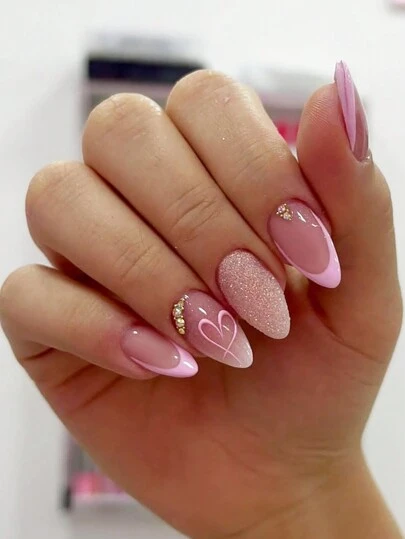 24 piezas de uñas postizas de forma de almendra media, decoradas con corazones rosas románticos y cristales, para crear un estilo romántico, suministros de manicura como regalo del Día de San Valentín