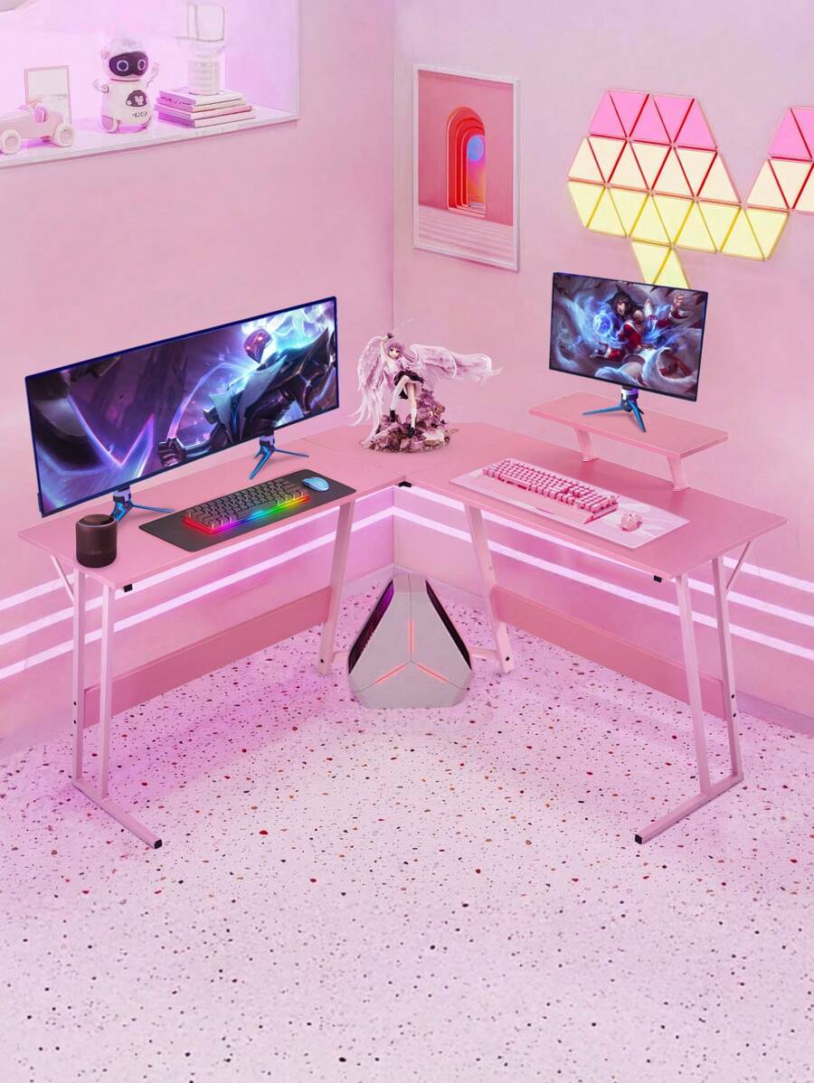 L Shaped Desk Corner Gaming Desk Computer Desk With Large Desktop Studying And Working And Gaming For Home And Work Place - Pink - View 1