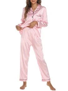 Women 2pcs Satin Pajamas Set Long Sleeve Button Up Shirt And Casual Loose Elastic Pants Sleepwear Loungewear - Màu Hồng baby - Xem 4