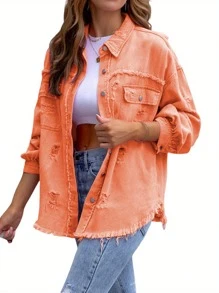 Women's Ripped Distressed Denim Jacket Long Sleeve Button Down Boyfriend Jean Coat Trucker Jacket - Orange - View 2