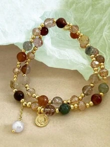 1Pc Vintage Double Layered Crystal Pearl Beaded Bracelet For Women Natural Stone Beads Wrap Bangle Bracelet Jewelry Gifts (Bead Color Random)