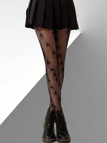 4 Black Five-Pointed Stars And Hearts Motif Women's Fishnet Stockings