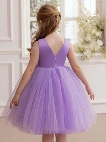 年轻女孩优雅珍珠串珠薄纱公主裙，适合花童礼服、生日派对、宴会、化装舞会、节日庆典、正式场合 - 淡紫色 - 查看 2