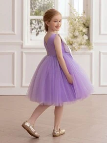 年轻女孩优雅珍珠串珠薄纱公主裙，适合花童礼服、生日派对、宴会、化装舞会、节日庆典、正式场合 - 淡紫色 - 查看 5