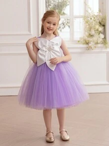 年轻女孩优雅珍珠串珠薄纱公主裙，适合花童礼服、生日派对、宴会、化装舞会、节日庆典、正式场合 - 淡紫色 - 查看 4