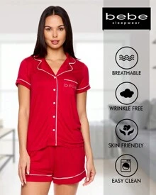 Bebe Pajama Set For Women, Stretch Rayon Knit Short Sleeve PJs For Women Set, Ladies Pajamas Sets - Cabernet - View 3