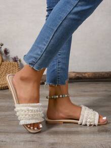 1 双时尚优雅度假流苏平底女凉鞋，带珍珠的沙滩夏季鞋，室内拖鞋，针织鞋面，柔软中底，旅行和度假，时尚休闲，仙女风格，夏季平底拖鞋