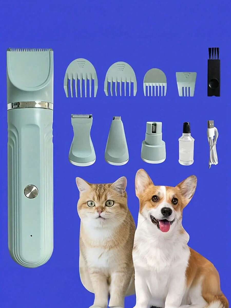 四合一升级版宠物毛发修剪器套装：适用于狗和猫的低噪音无绳电动美容工具，包括指甲磨床、爪子修剪器和毛发修剪器