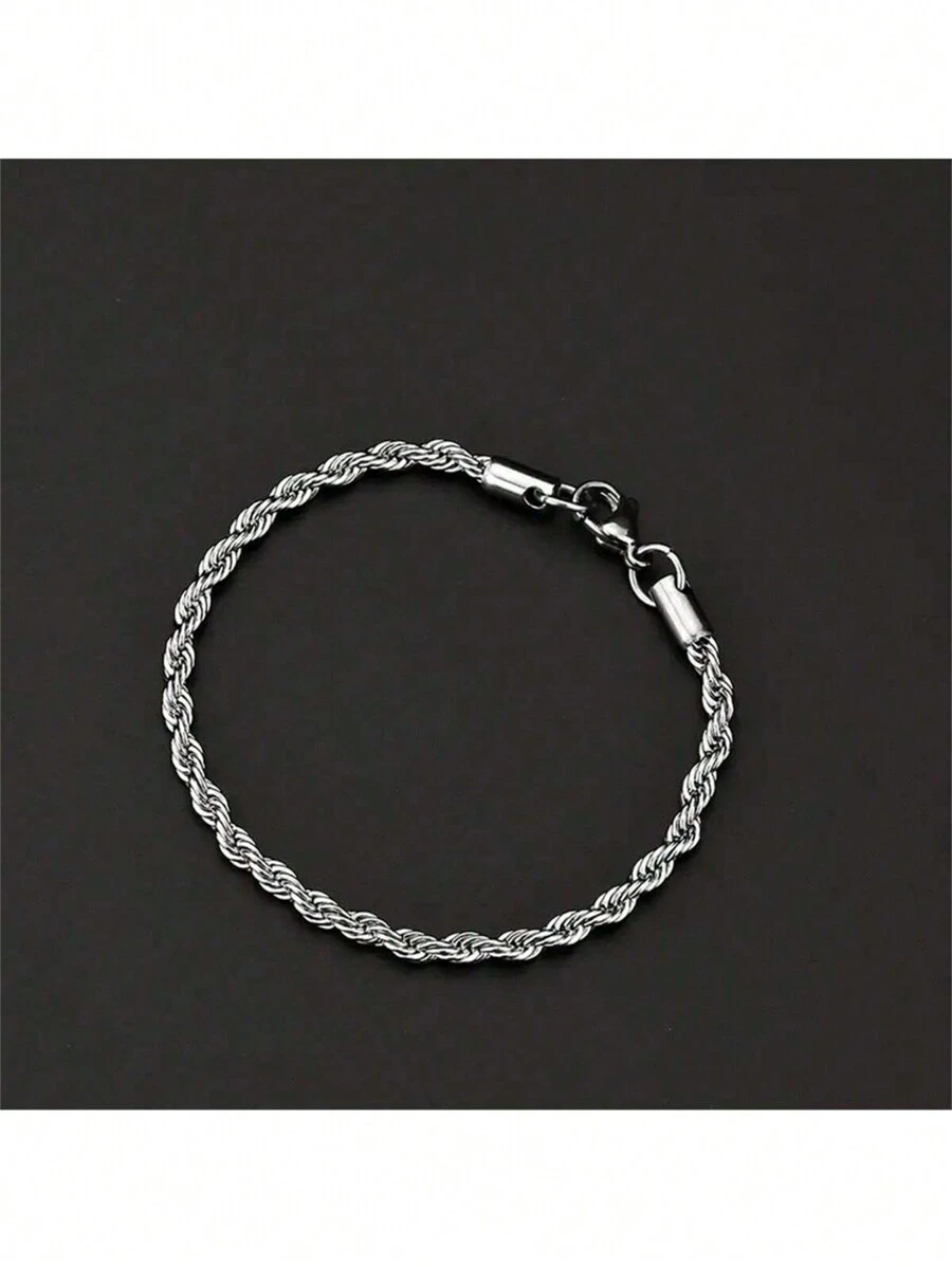 1 件不锈钢扭纹链手链，时尚男女通用珠宝礼物 - 銀色 - 查看 1