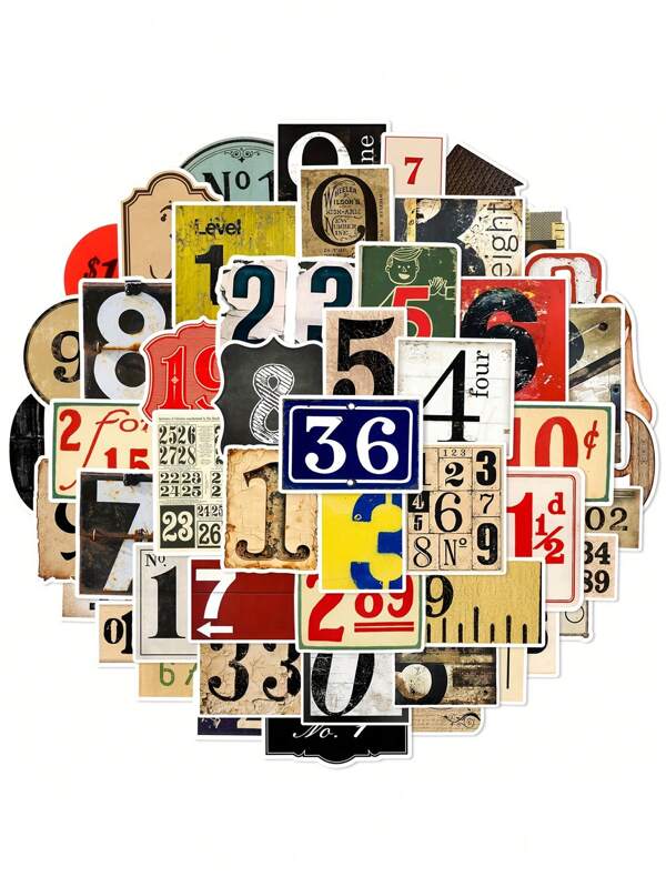 50 Pcs Vintage Number Label Stickers, Retro Number Lable Tag Aesthetic Stickers For Scrapbooking Junk Journal Bullet Journal Collage Diary DIY Craftssss,School Supplies,Back To School