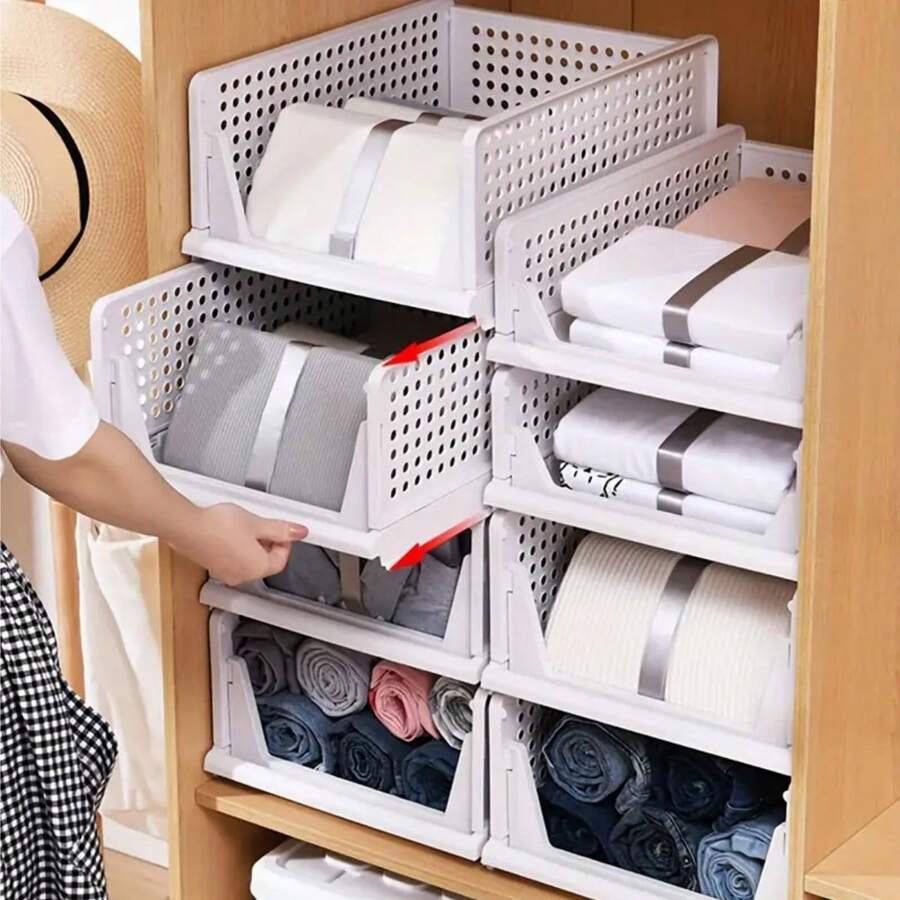 1pc Of Quick Assembly Wardrobe Layer Divider, Cabinet Drawer Type Clothing Organizer Shelf, Sliding Rail Foldable Design Wardrobe Basket, Bedroom Clothes Storage Box - White - View 1