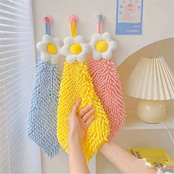 3pcs Kitchen Towel Set, Super Soft Bathroom Towels, Cute Flower Fury Towels, Used For Hand Wiping, Home Cleaning, Ideal Bathroom Accessories, Kitchen Supplies