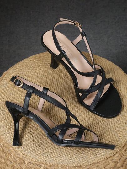 صنادل كعب عالي بحزام على نمط القدم المدببة، حذاء كعب للحفلات عصرية باللون الأسود للنساء