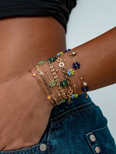 女士时尚简约ins风不锈钢花朵串珠编织链条多层手链适合约会聚会和上班族佩戴