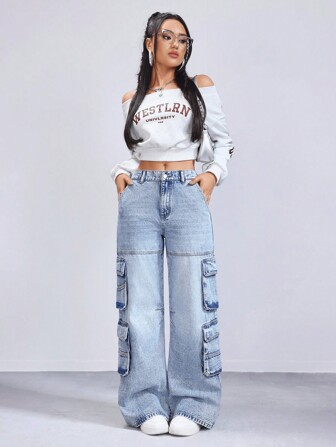 Calça Jeans Cargo Feminina com Bolso Solto 079