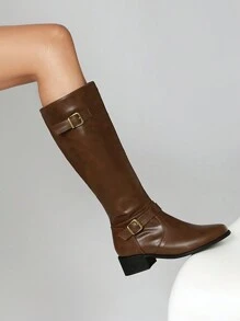 JIAOFEITI 女式复古侧拉链及膝靴，圆头平底马靴，适合春秋季节 - 棕色 - 查看 3
