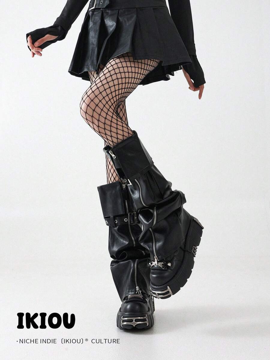 polve Y2K风格拉链PU皮革腿套，设计独特，魅力十足，高品质女士腿套，百搭优雅的中筒袜，圣诞礼物之选。 - 常規款 - 查看 1