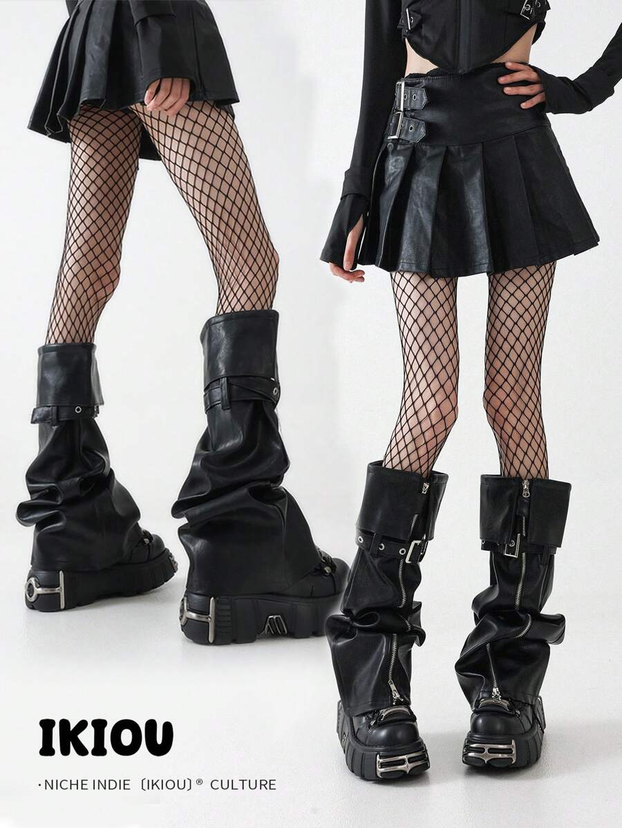 Y2K Style Zipper PU Leather Leg Warmers With Unique Design, And Charming High-Quality Leg Warmers For Women, Versatile And Elegant Mid-Calf Stockings - 常規款 - 查看 1
