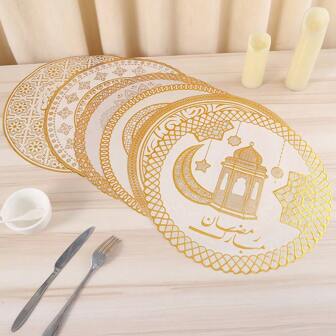 2pcs/4pcs/6pcs Vegetarian Festival PVC Placemat Hot Gold Hot Silver Decorative Placemat Stars Moon Table Mat Round Rectangular Table Mat Waterproof Non-Slip Table Mat Suitable For Holiday Living Room Kitchen Dining Room Outdoor Party