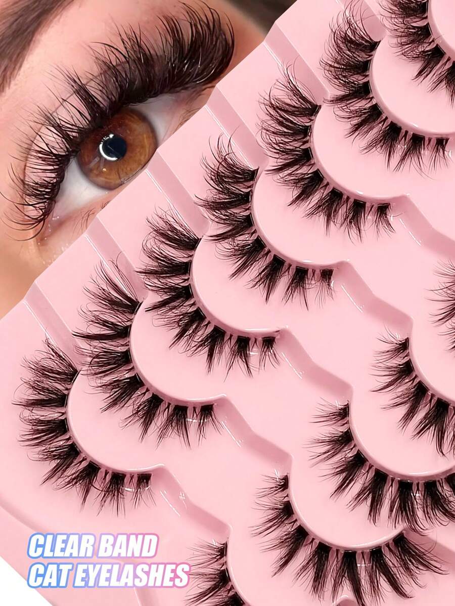 Asiteo 7 Pairs Reusable Faux Mink Eyelashes, Criss-Cross Transparent Band, Fluffy & Soft, Thick & Long, Create Natural & Voluminous Look, Suitable For Daily Makeup - Cat eye Lashes - View 1
