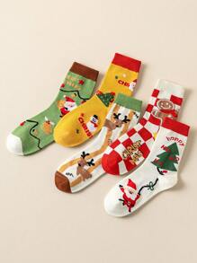 1/5双装女士圣诞船袜，姜饼人、雪人、圣诞老人、圣诞树、小鹿图案，秋冬款 - 彩色 - 查看 4