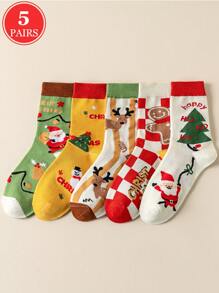 1/5双装女士圣诞船袜，姜饼人、雪人、圣诞老人、圣诞树、小鹿图案，秋冬款 - 彩色 - 查看 2