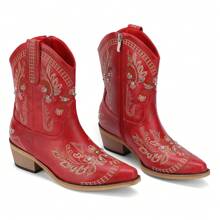 Pasuot Casual Party Cowgirl Boots – Women's Mid-Calf Western Boots With Embroidered Details, Rhinestones, A Square Toe, And A Chunky Low Heel. Designed For Comfort And Ease With A Pull-On Style, These Boots Are Ideal For Adding Style To Any Casual Or Party Outfit. - 紅色 - 查看 2