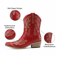 Pasuot Casual Party Cowgirl Boots – Women's Mid-Calf Western Boots With Embroidered Details, Rhinestones, A Square Toe, And A Chunky Low Heel. Designed For Comfort And Ease With A Pull-On Style, These Boots Are Ideal For Adding Style To Any Casual Or Party Outfit. - 紅色 - 查看 6