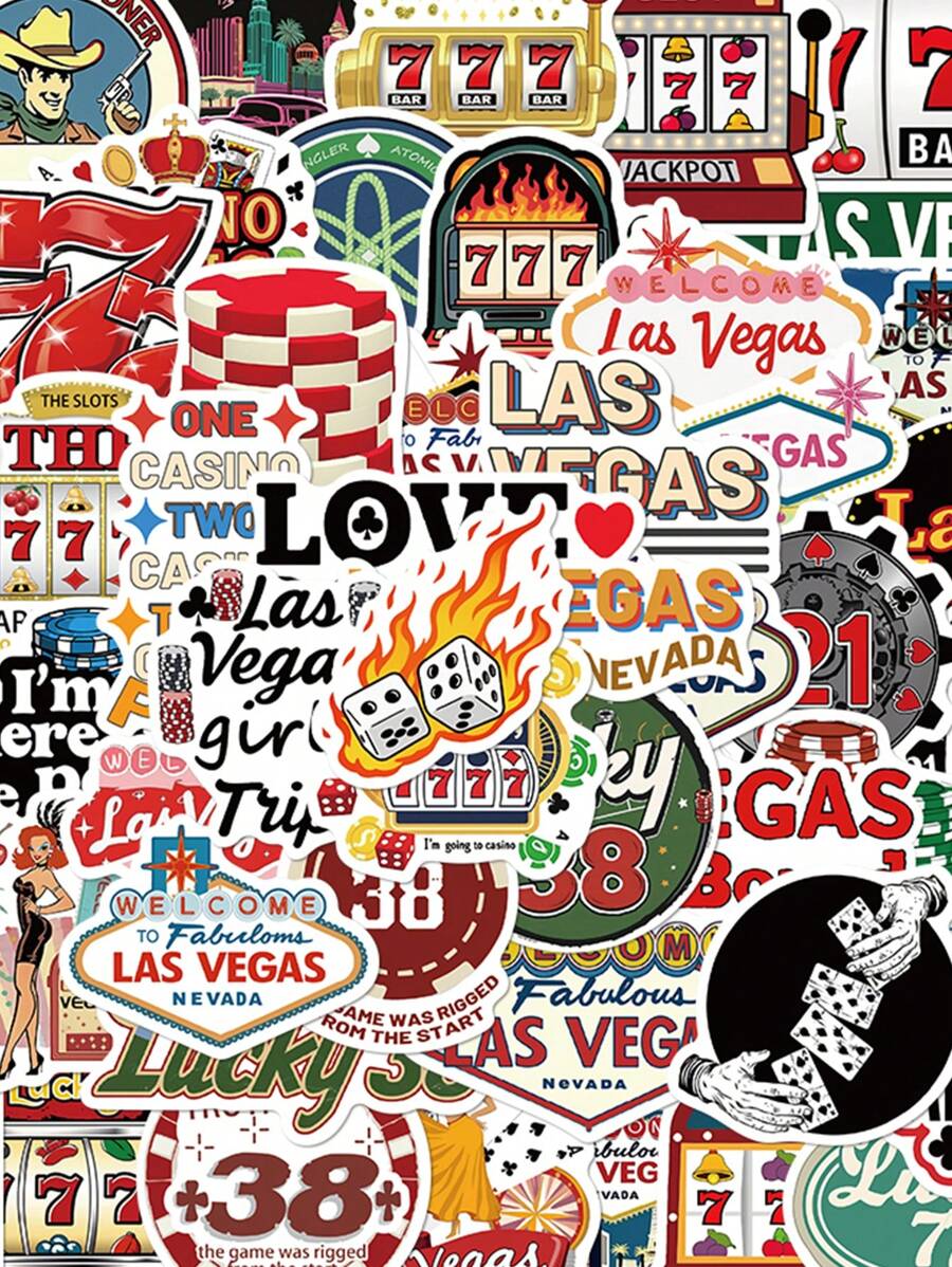 50pcs Las Vegas Stickers PVC Gift Cartoon Creative Decoration Scrapbook Laptop Luggage Guitar Water Cup Phone Case DIY Decal,School Supplies,Back To School - Multicolor - View 1
