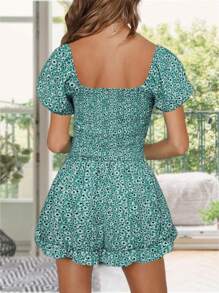 Women Shirred Smocked Tube Top Short Wide Leg Pants Romper Jumpsuit - 綠色 - 查看 4