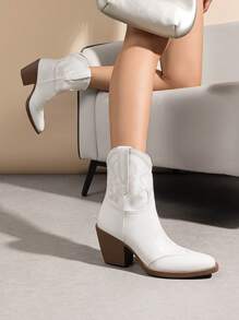 2024 New Arrival Women's Chunky Heel Ankle Boots Western Boots Slip On Elegant Fashion Christmas Gift New Year Holiday Four Seasons Boots - Beige - View 4