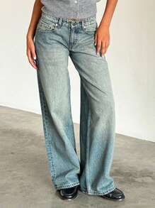 Women Loose Jean, Fashion Wide Leg Denim Long Pants For Daily Streetwear - màu xanh da trời - Xem 5