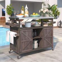Roomfitters Outdoor Kitchen Island Rolling Bar Cart & Storage Cabinet, Farmhouse Solid Wood Outdoor Grill Table With Stainless Steel Top, Spice Rack, Towel Rack For Kitchen & Barbecue