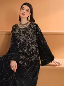 Solessence 女士优雅串珠刺绣圆领阿拉伯风格连衣裙 - 黑色 - 查看 8